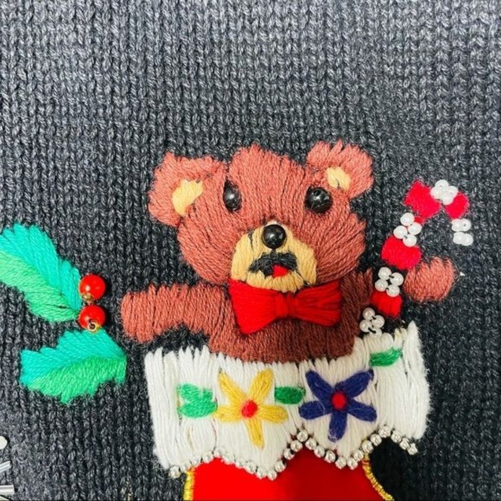 Vintage Victoria jones beaded and sequin Christmas sweater with terrified teddy